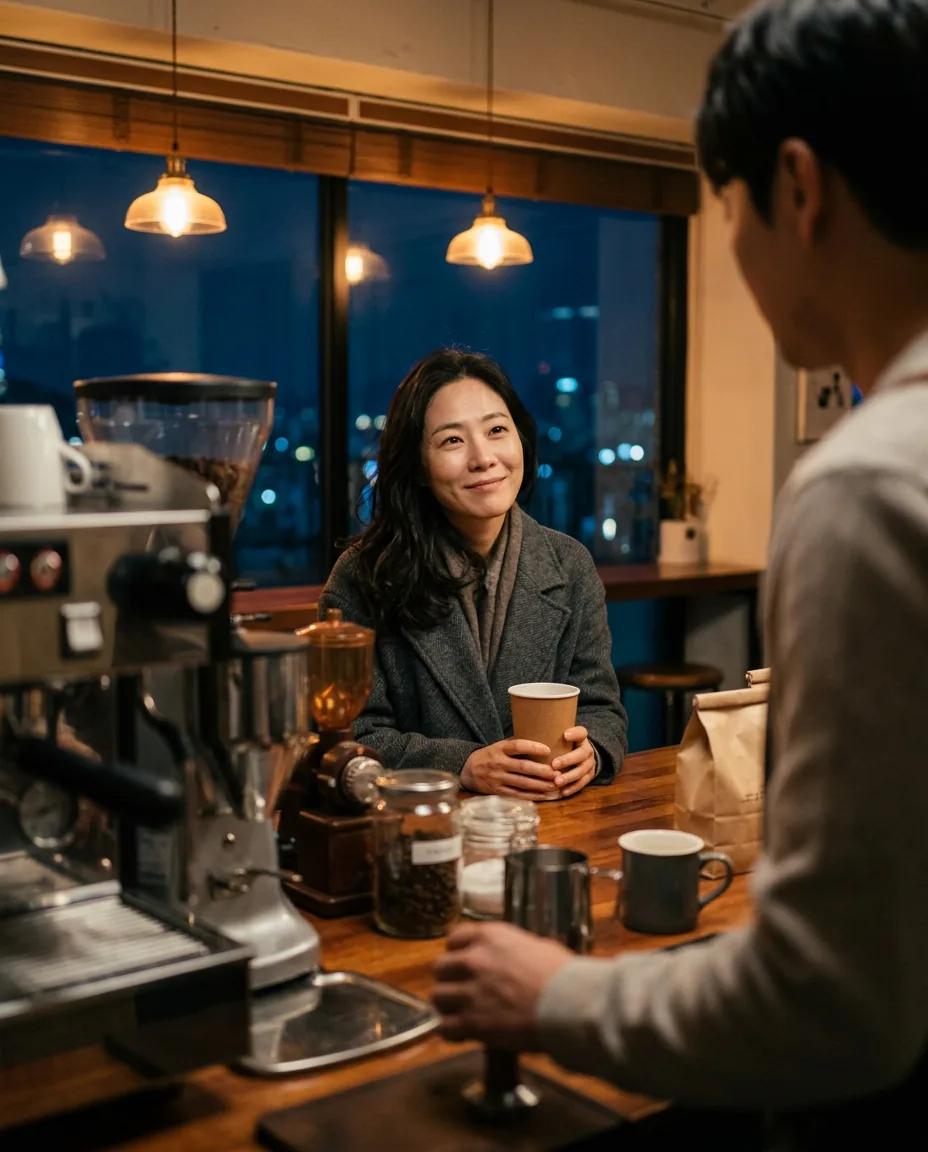 세 번째 컷, 같은 여성이 카페에서 컵을 듦 (AI)