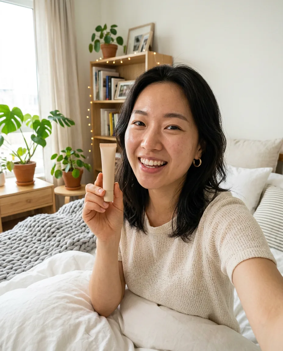침대에 앉아 제품을 들고 말하는 여성 (AI)