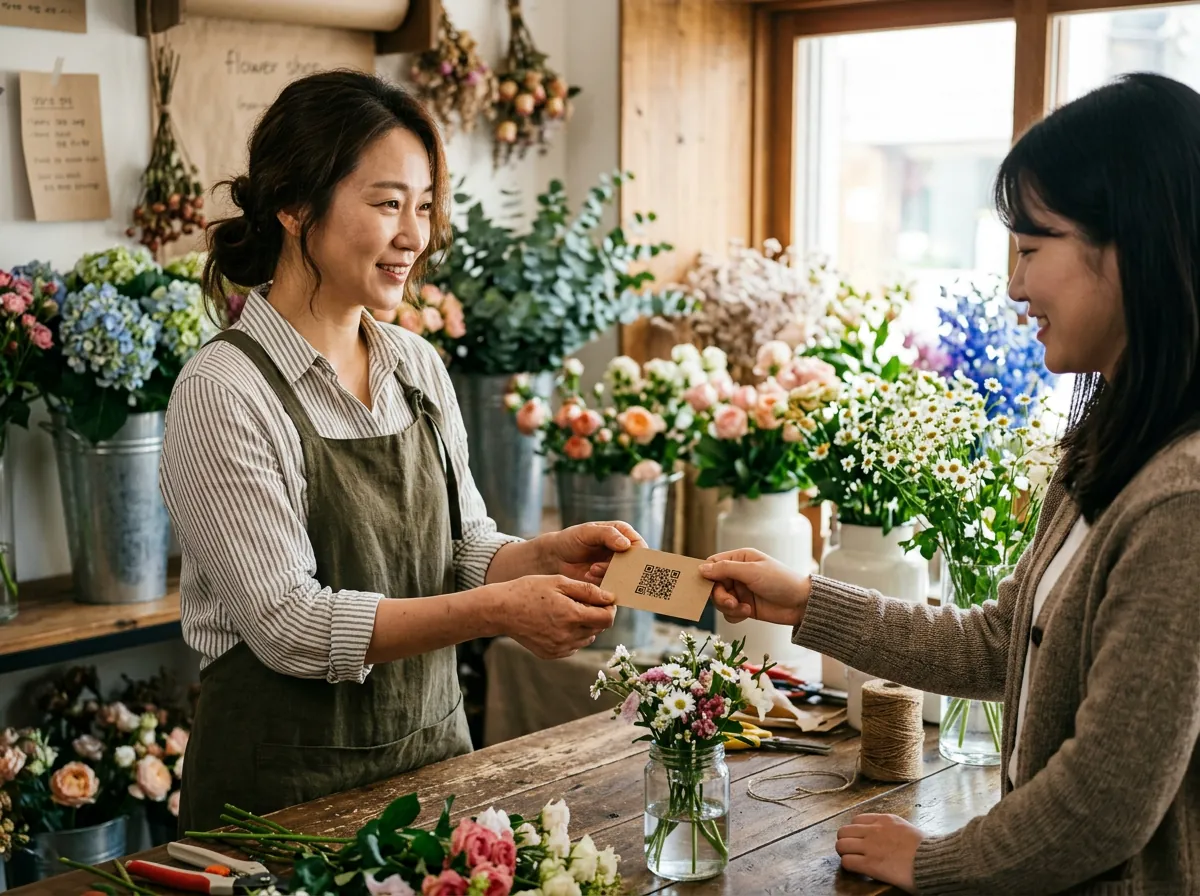 꽃집 주인이 손님에게 꽃을 건네는 장면 (AI)